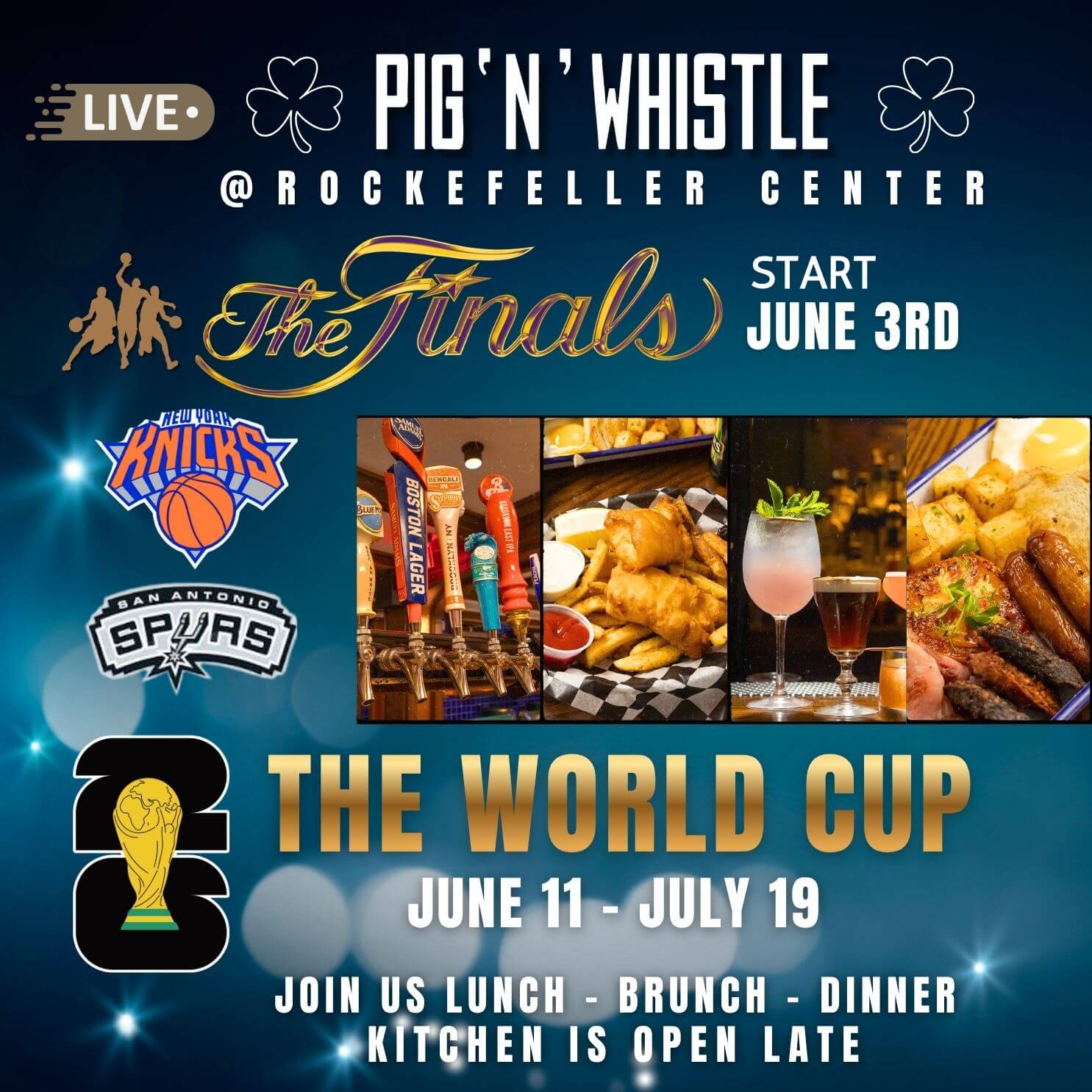 Pig 'N' Whistle at Rockefeller Center live NBA Finals and World Cup viewing with food and drinks.